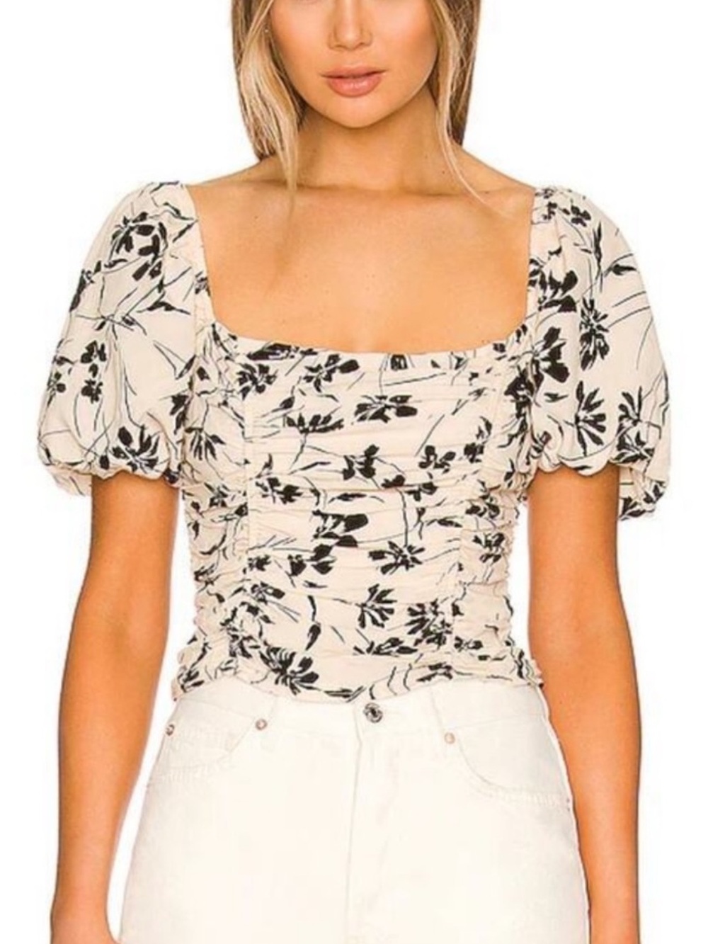 Astr The Label Cream & Black Floral Puff-Sleeve Square Neck Top - Florian Blouse